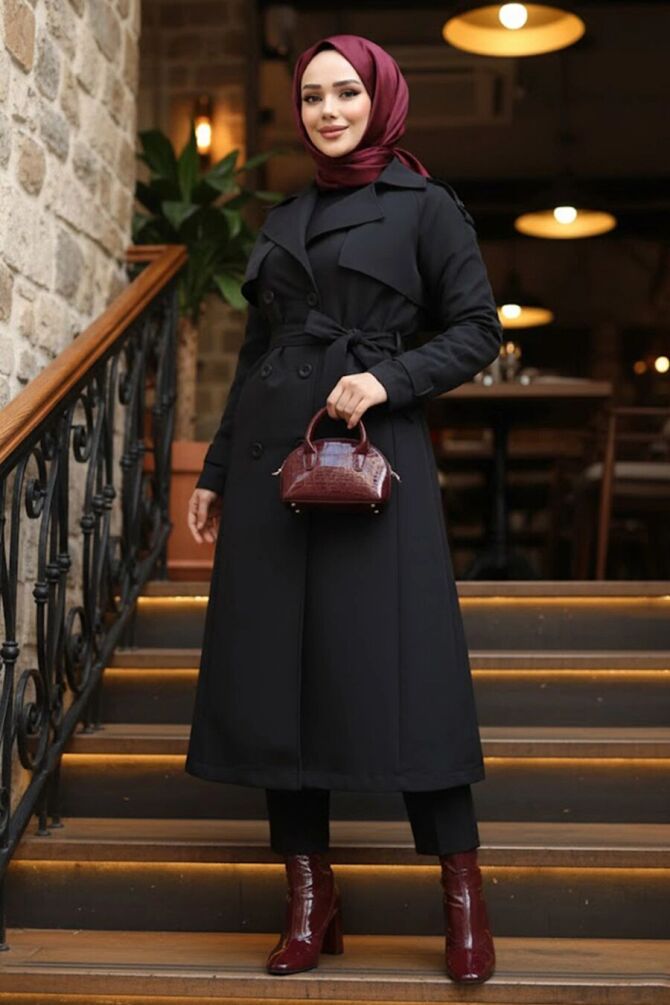 Kemerli Siyah Tesettür Trençkot 62481S - 1
