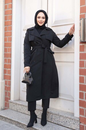 Kemerli Siyah Tesettür Trençkot 62481S - 1