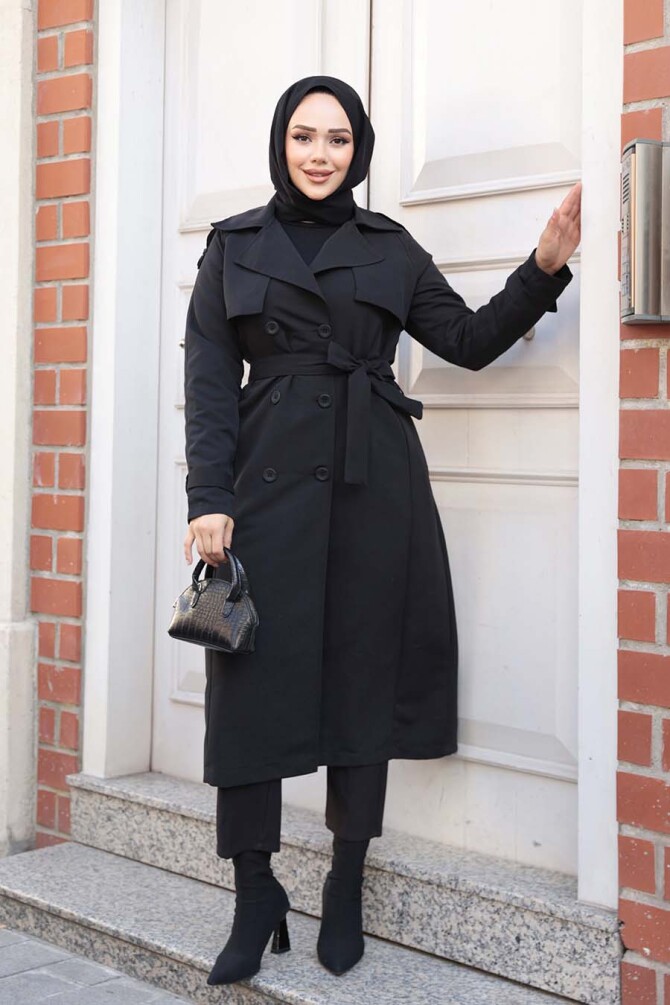 Kemerli Siyah Tesettür Trençkot 62481S - 1
