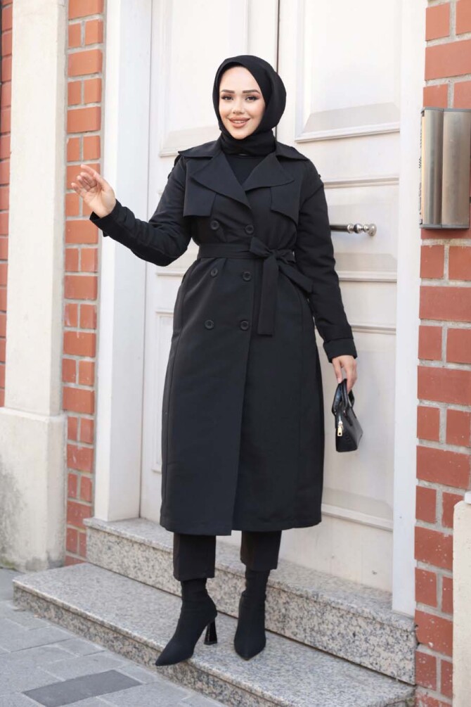 Kemerli Siyah Tesettür Trençkot 62481S - 2