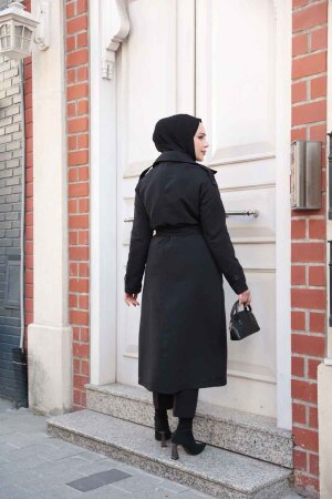Kemerli Siyah Tesettür Trençkot 62481S - 4