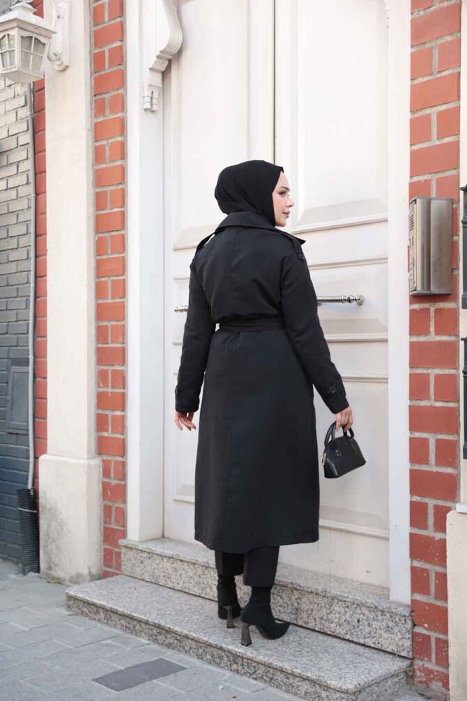 Kemerli Siyah Tesettür Trençkot 62481S - 4