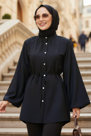 Kemerli Siyah Tesettür Tunik 52871S 