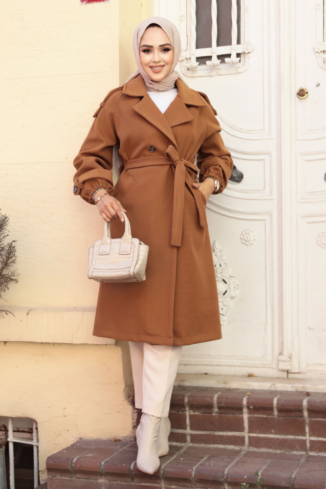 Kemerli Taba Kaşe Tesettür Kaban 61102TB - NEVA STYLE