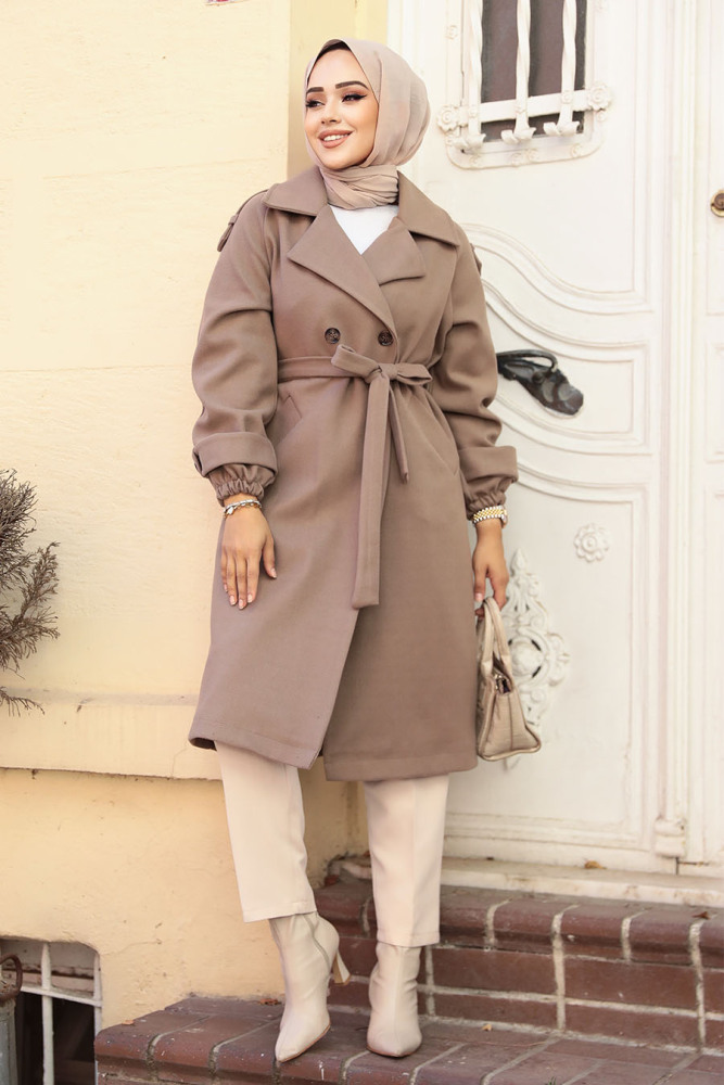 Kemerli Vizon Kaşe Tesettür Kaban 61102V - NEVA STYLE