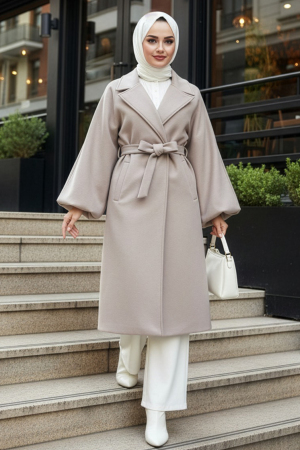 Kemerli Vizon Tesettür Kaşe Kaban 61631V 