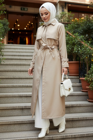 Kemerli Vizon Tesettür Trençkot 10700V 