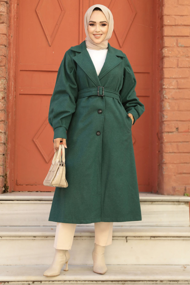 Kemerli Zümrüt Yeşili Kaşe Tesettür Kaban 61241ZY - NEVA STYLE