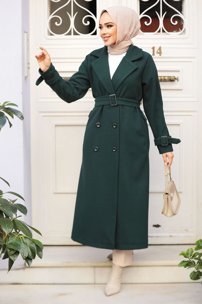 Kemerli Zümrüt Yeşili Kaşe Tesettür Kaban 61251ZY - NEVA STYLE