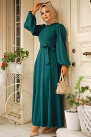 Kemerli Zümrüt Yeşili Tesettür Elbise 23101ZY - Thumbnail
