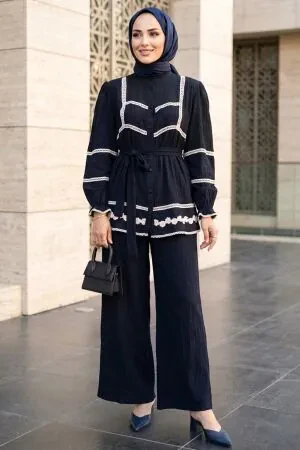 Keten Navy Blue Dantel Detailed Modest Two-Piece Set 95722L 