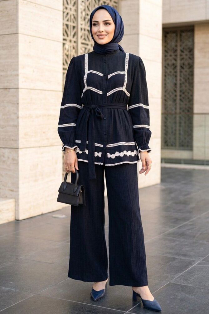 Keten Navy Blue Dantel Detailed Modest Two-Piece Set 95722L - 1