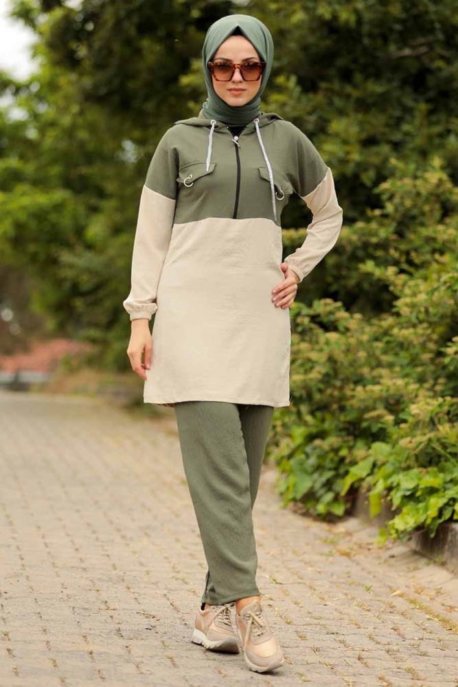 Khaki Hijab Dual Suit Dress 9621HK - 1