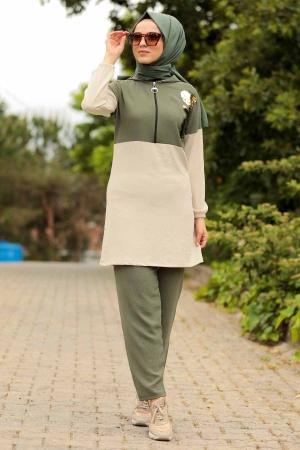 Khaki Hijab Dual Suit Dress 9634HK - 1