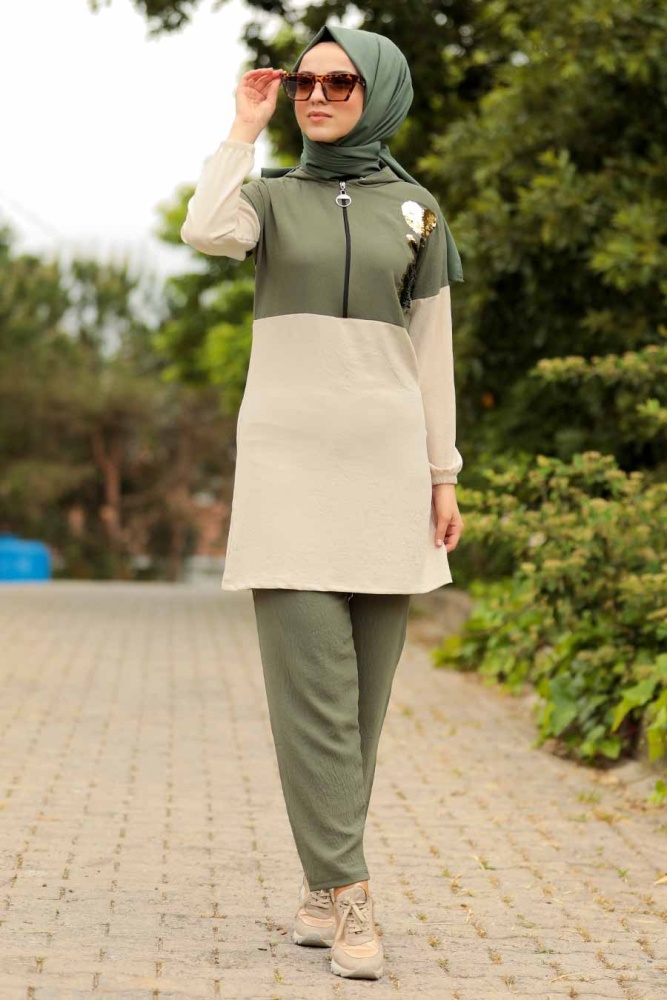 Khaki Hijab Dual Suit Dress 9634HK - 1