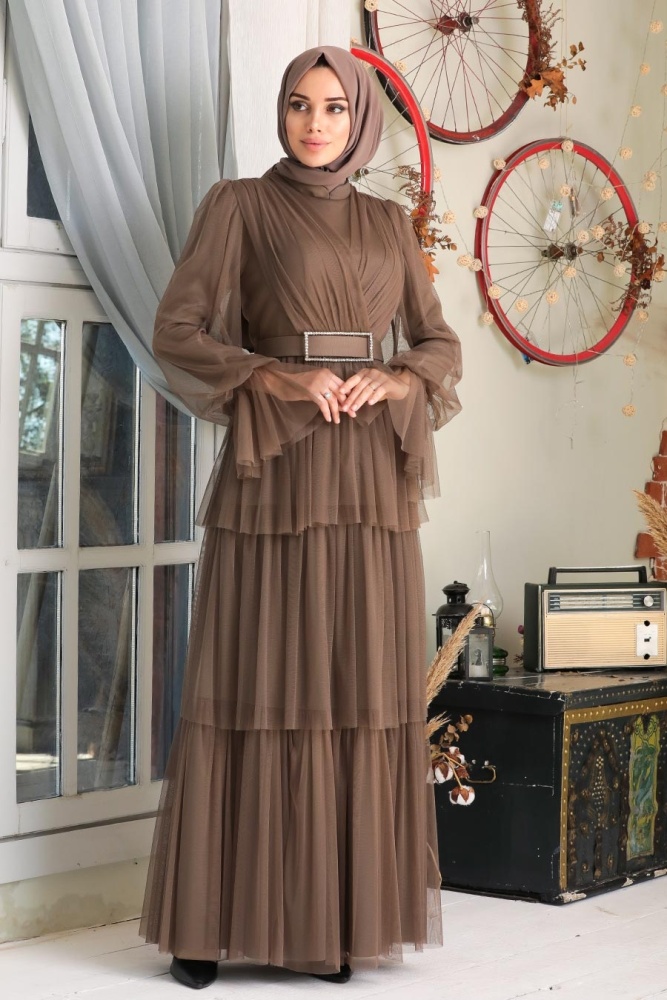 Khaki Hijab Evening Dress 21320HK - 1