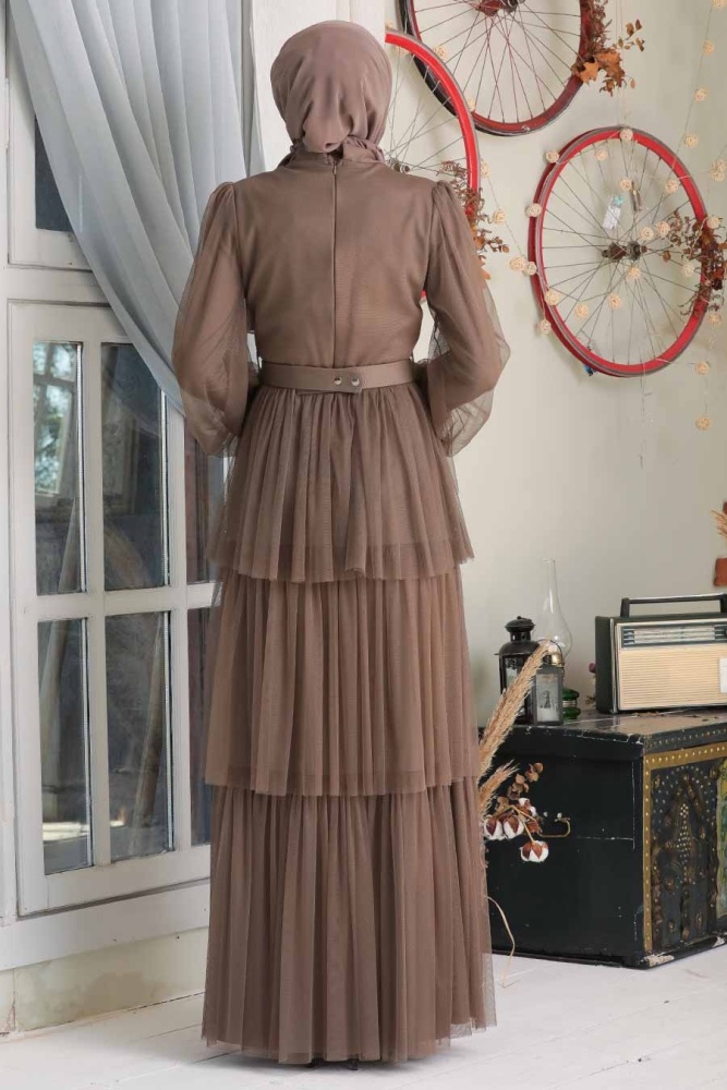 Khaki Hijab Evening Dress 21320HK - 2