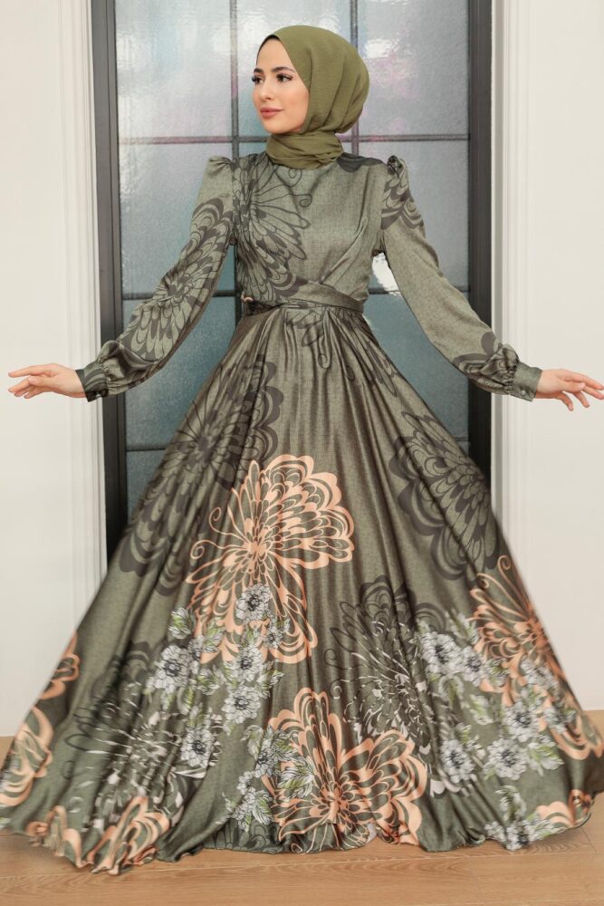 Khaki Hijab Evening Dress 3432HK - 1