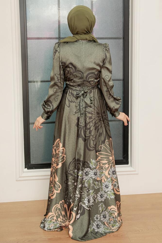 Khaki Hijab Evening Dress 3432HK - 2