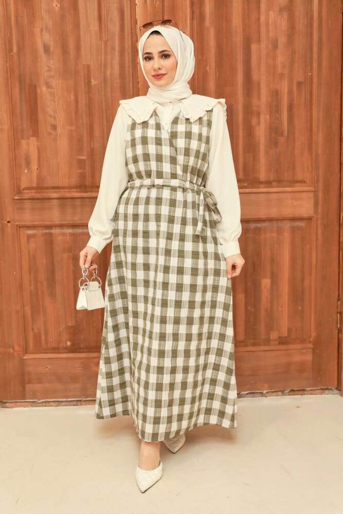 Khaki Hijab Gilet Dress 22922HK - 1