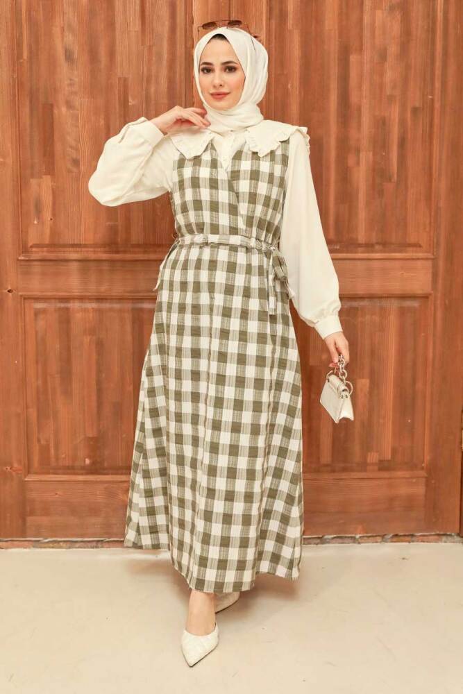 Khaki Hijab Gilet Dress 22922HK - 2