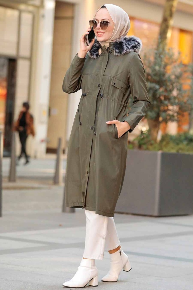 Khaki Hijab Parka Coat 51013HK - 3