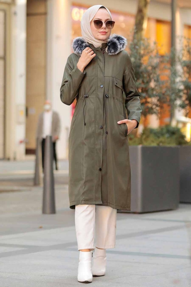 Khaki Hijab Parka Coat 51013HK - 1