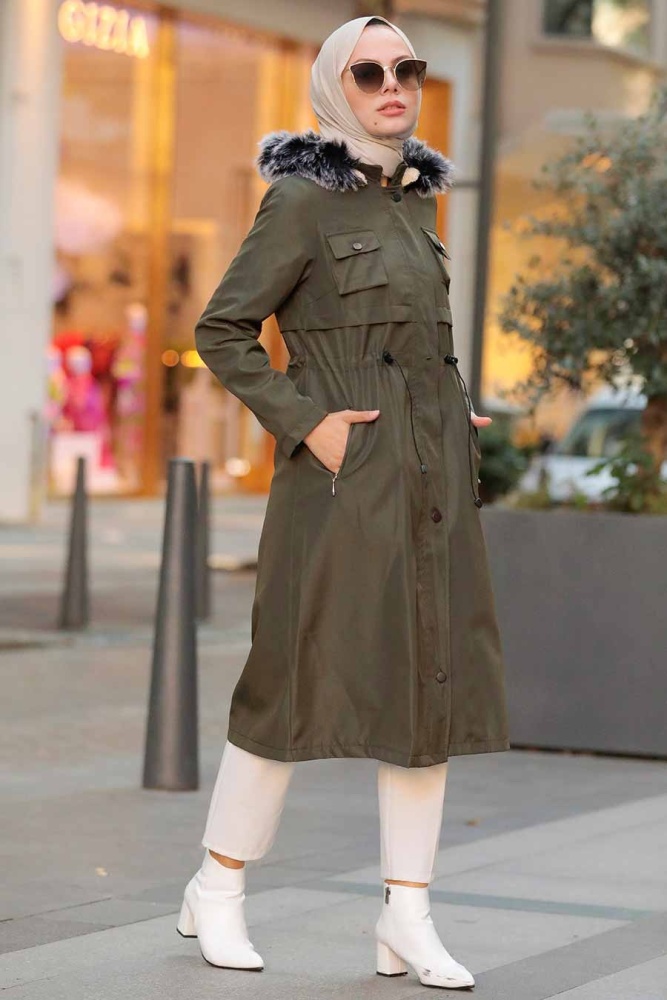 Khaki Hijab Parka Coat 51015HK - 4