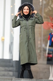 Khaki Hijab Parka Coat 6605HK - Thumbnail