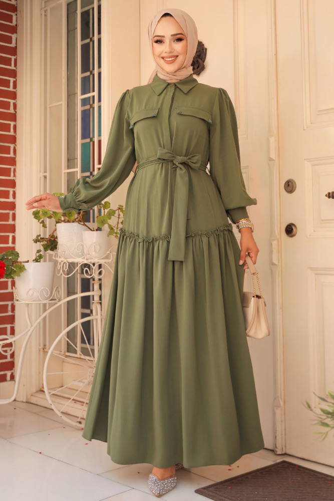 Khaki Modest Dress For Women 12502HK - 1