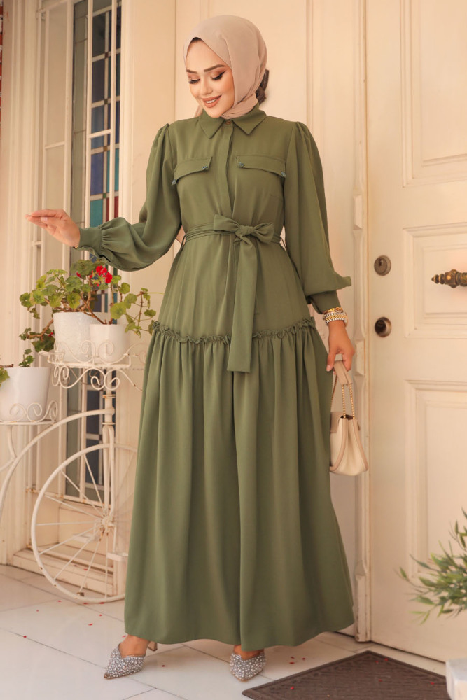 Khaki Modest Dress For Women 12502HK - 2