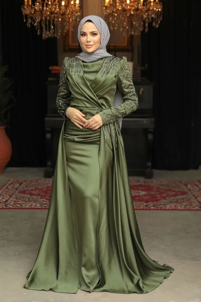 Khaki Modest Long Satin Dress 43381HK - 1