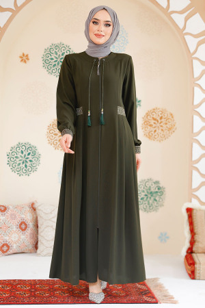 Khaki Muslim Turkish Abaya 45271HK - 3