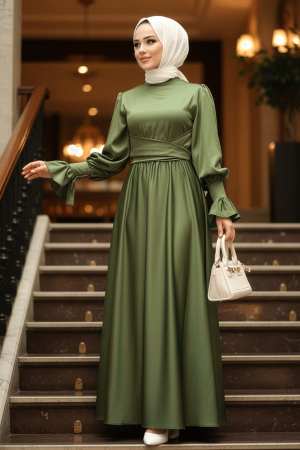 Khaki Satin Modest Evening Gown 5983HK - 1