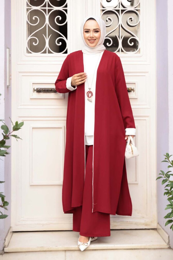 Kimono Bordo Tesettür Üçlü Takım 76001BR - 1