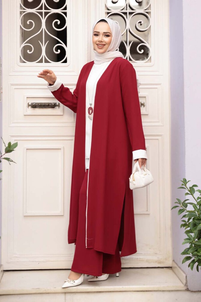 Kimono Bordo Tesettür Üçlü Takım 76001BR - 2