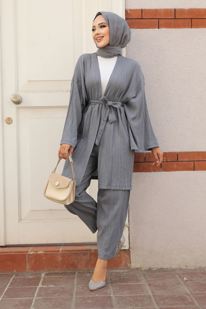 Kimono Gri Tesettür İkili Takım 12531GR - 1