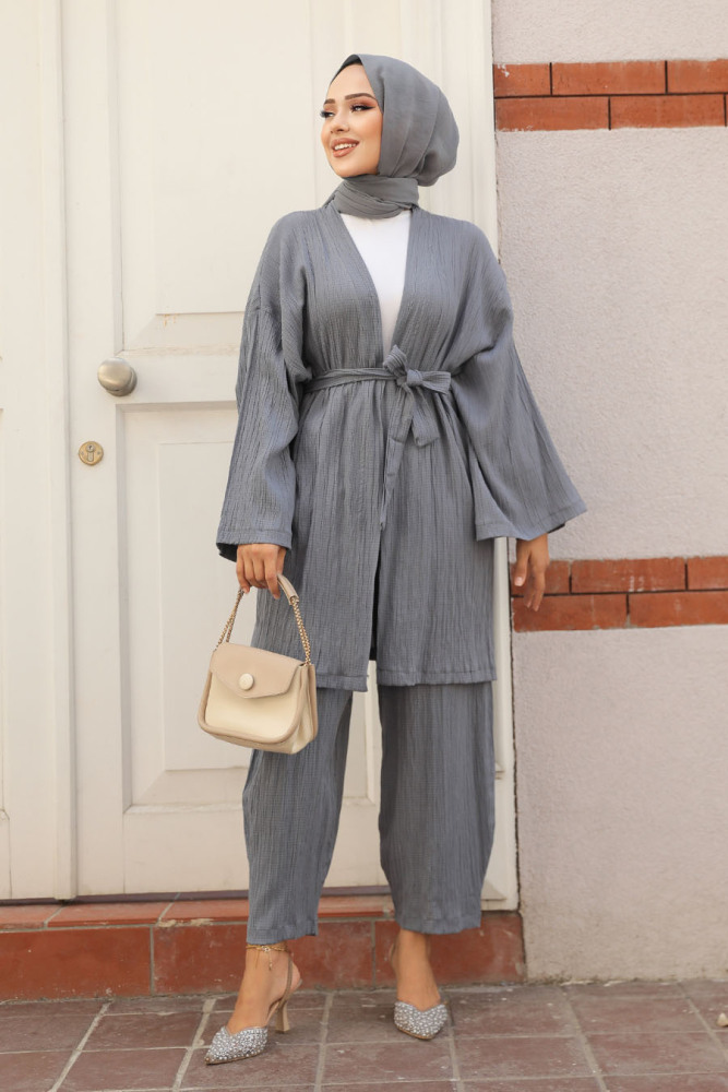 Kimono Gri Tesettür İkili Takım 12531GR - 2