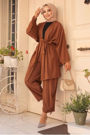 Kimono Kahverengi Tesettür İkili Takım 12531KH - 2