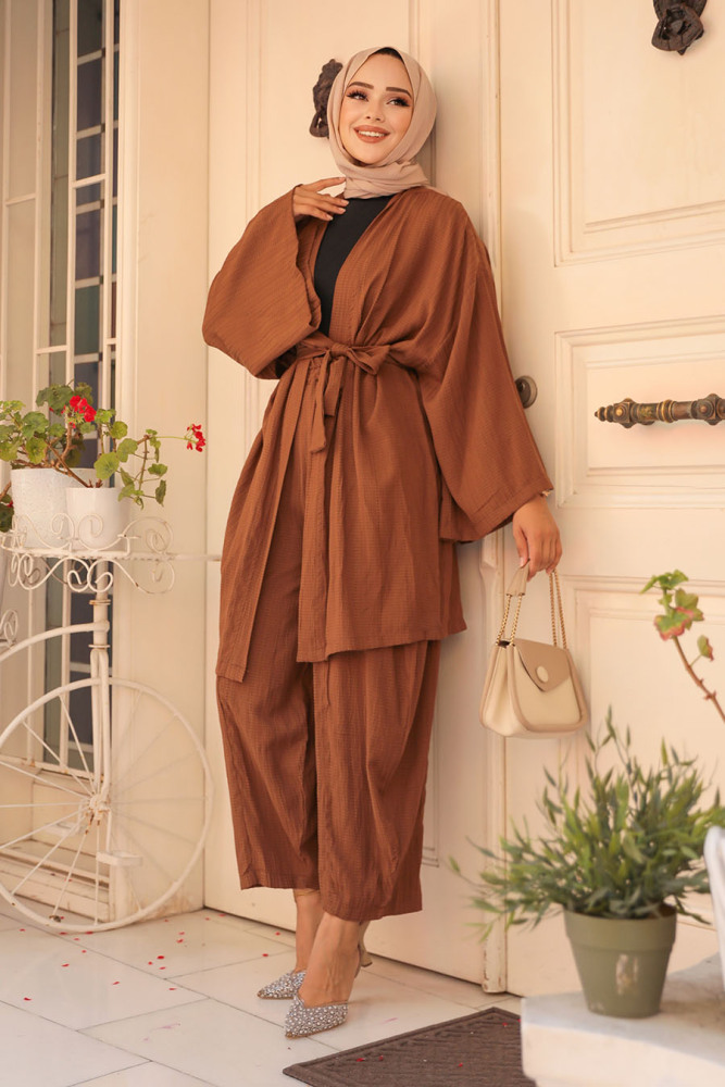 Kimono Kahverengi Tesettür İkili Takım 12531KH - 3
