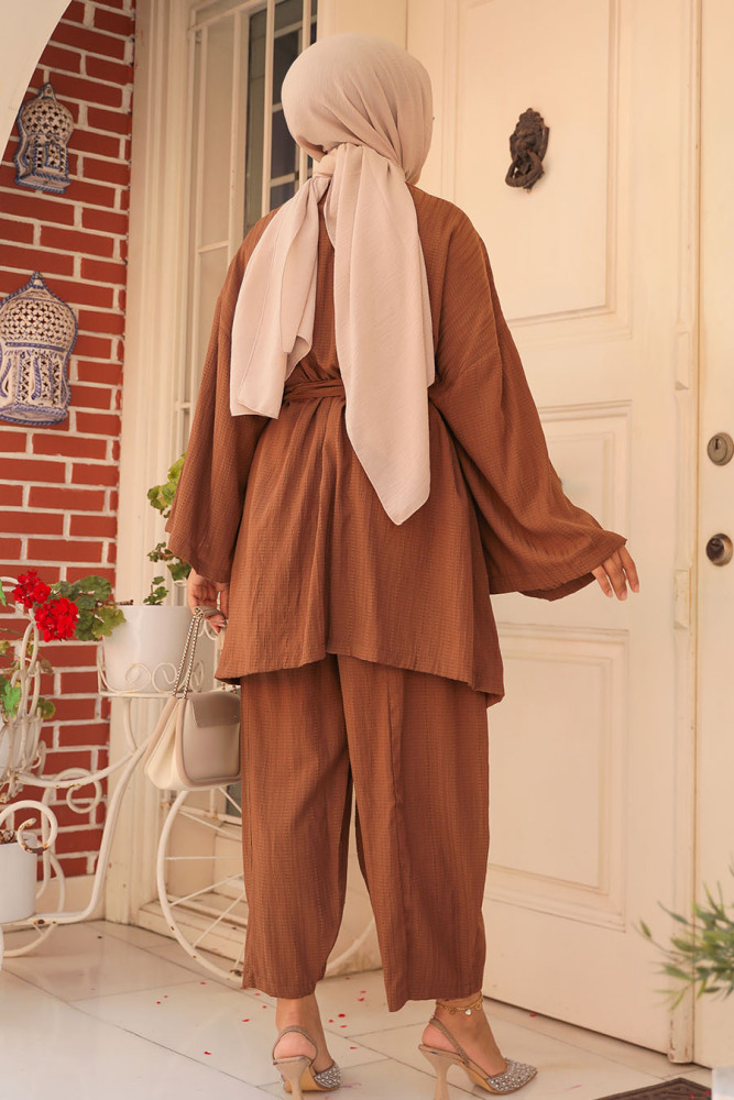 Kimono Kahverengi Tesettür İkili Takım 12531KH - 4