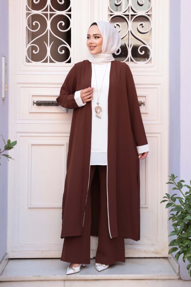 Kimono Kahverengi Tesettür Üçlü Takım 76001KH - 2