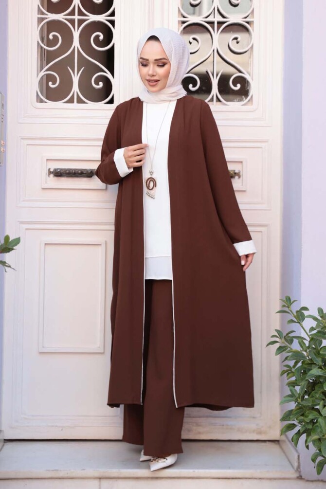 Kimono Kahverengi Tesettür Üçlü Takım 76001KH - 3