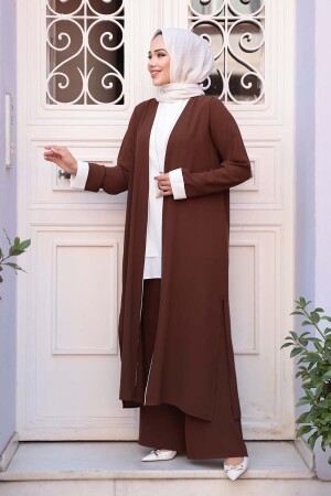 Kimono Kahverengi Tesettür Üçlü Takım 76001KH - 4