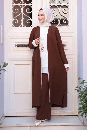 Kimono Kahverengi Tesettür Üçlü Takım 76001KH - 5