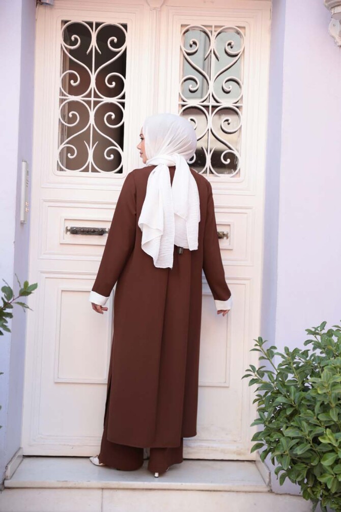Kimono Kahverengi Tesettür Üçlü Takım 76001KH - 6