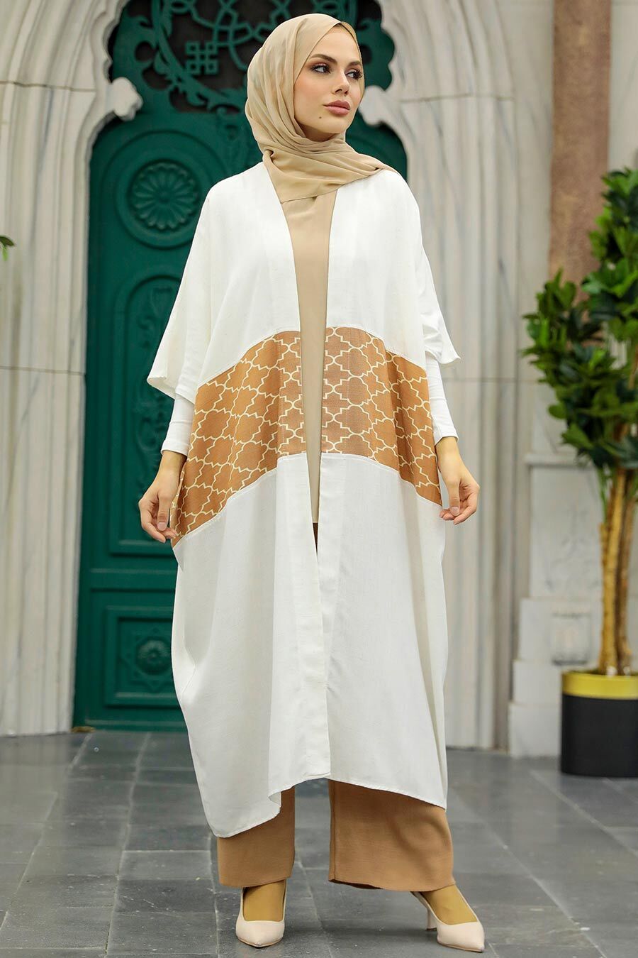 Blok Desenli Camel Tesettür Kimono 8664c