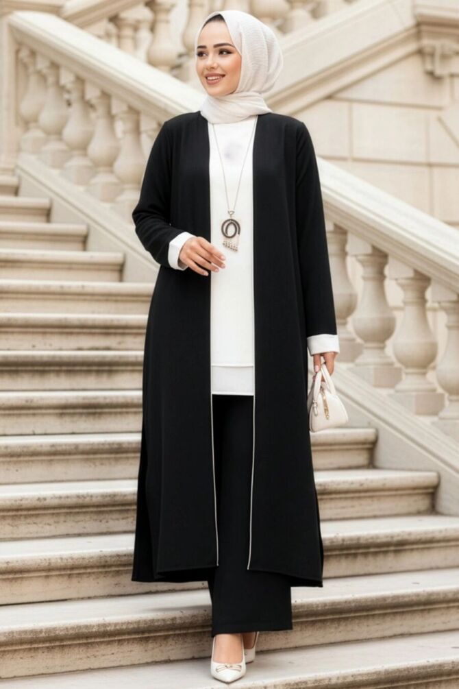 Kimono Siyah Tesettür Üçlü Takım 76001S - 1