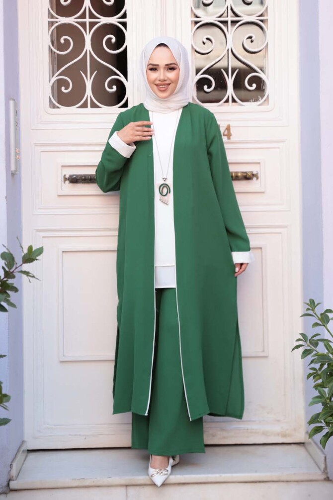 Kimono Yeşil Tesettür Üçlü Takım 76001Y - 2