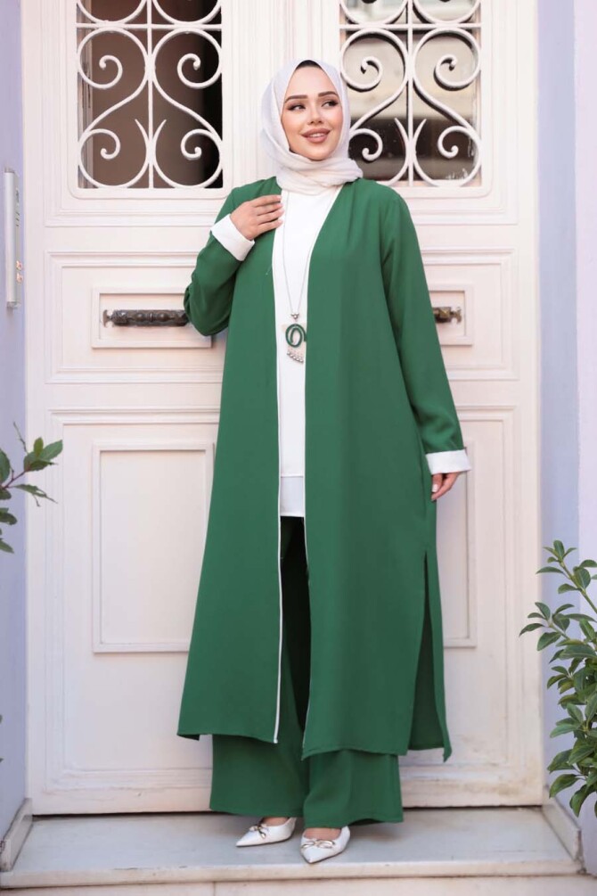 Kimono Yeşil Tesettür Üçlü Takım 76001Y - 1